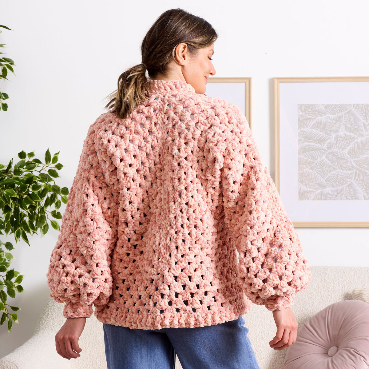 Hexi Hug Crochet Blanket Cardigan made using Bernat yarn