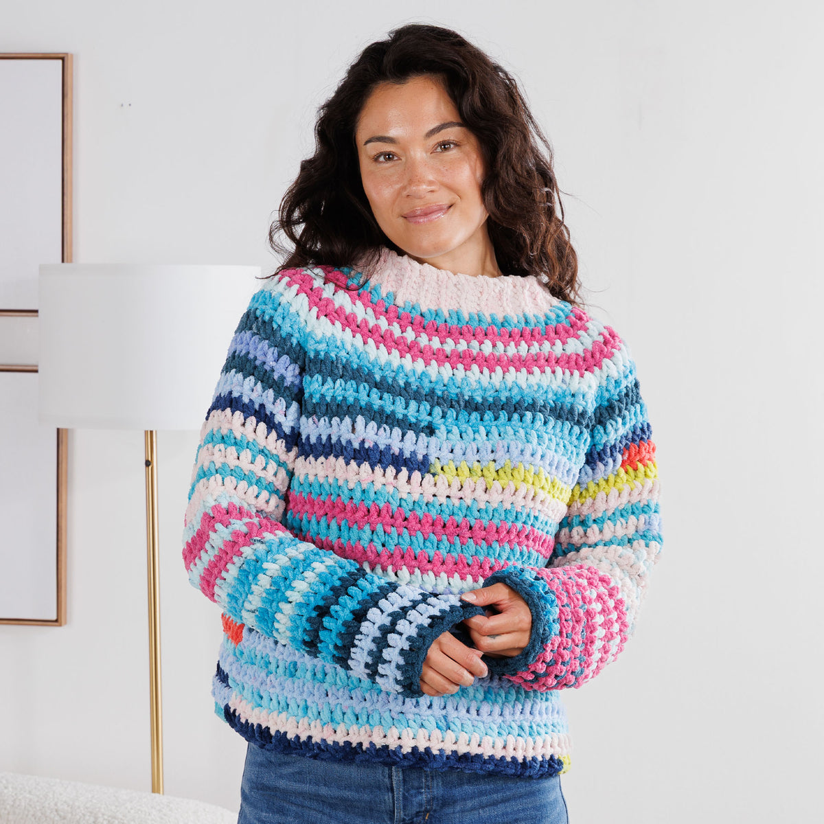 Patchwork Crochet Pullover made using Bernat yarn in a styled lifestyle setting