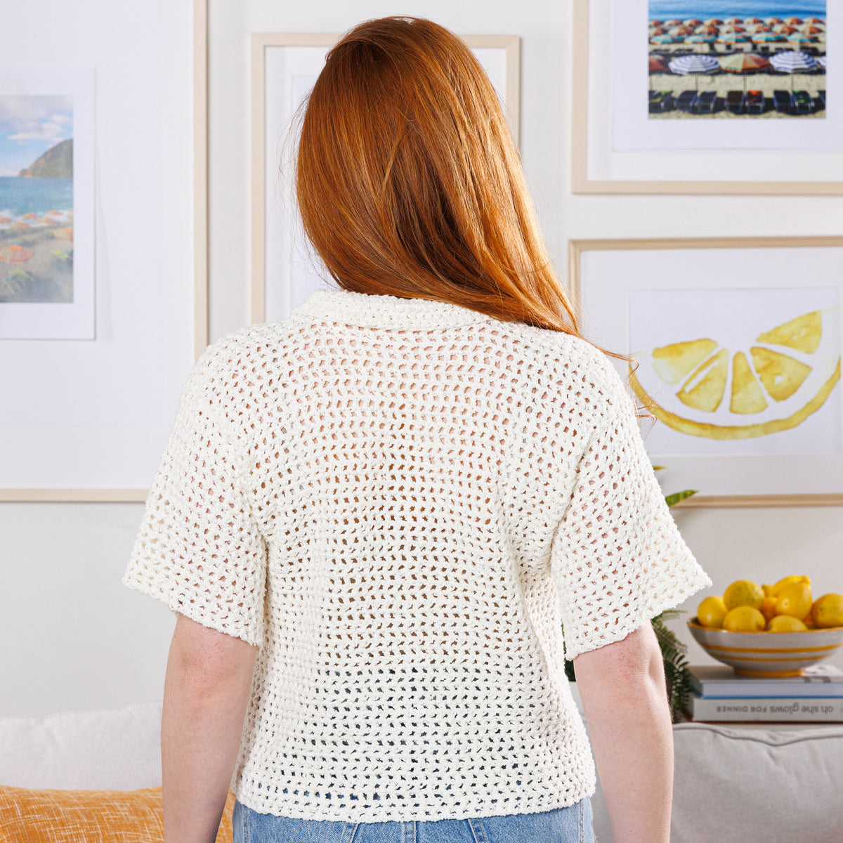 Crochet Fruit Bowl Camp Shirt made using Bernat yarn in a styled lifestyle setting