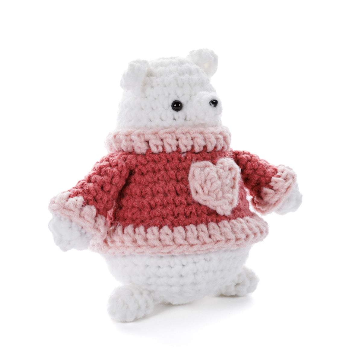 Heartley The Crochet Bear made using Bernat yarn in a styled lifestyle setting