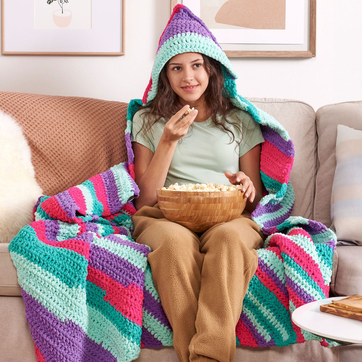 Crochet HoodedThrow made in Bernat Blanket Stripes Yarn