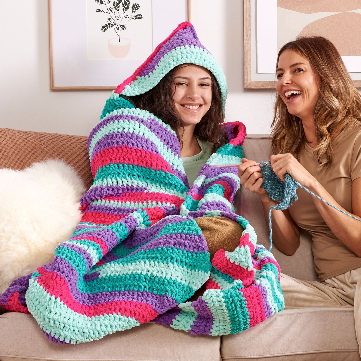 Crochet HoodedThrow made in Bernat Blanket Stripes Yarn