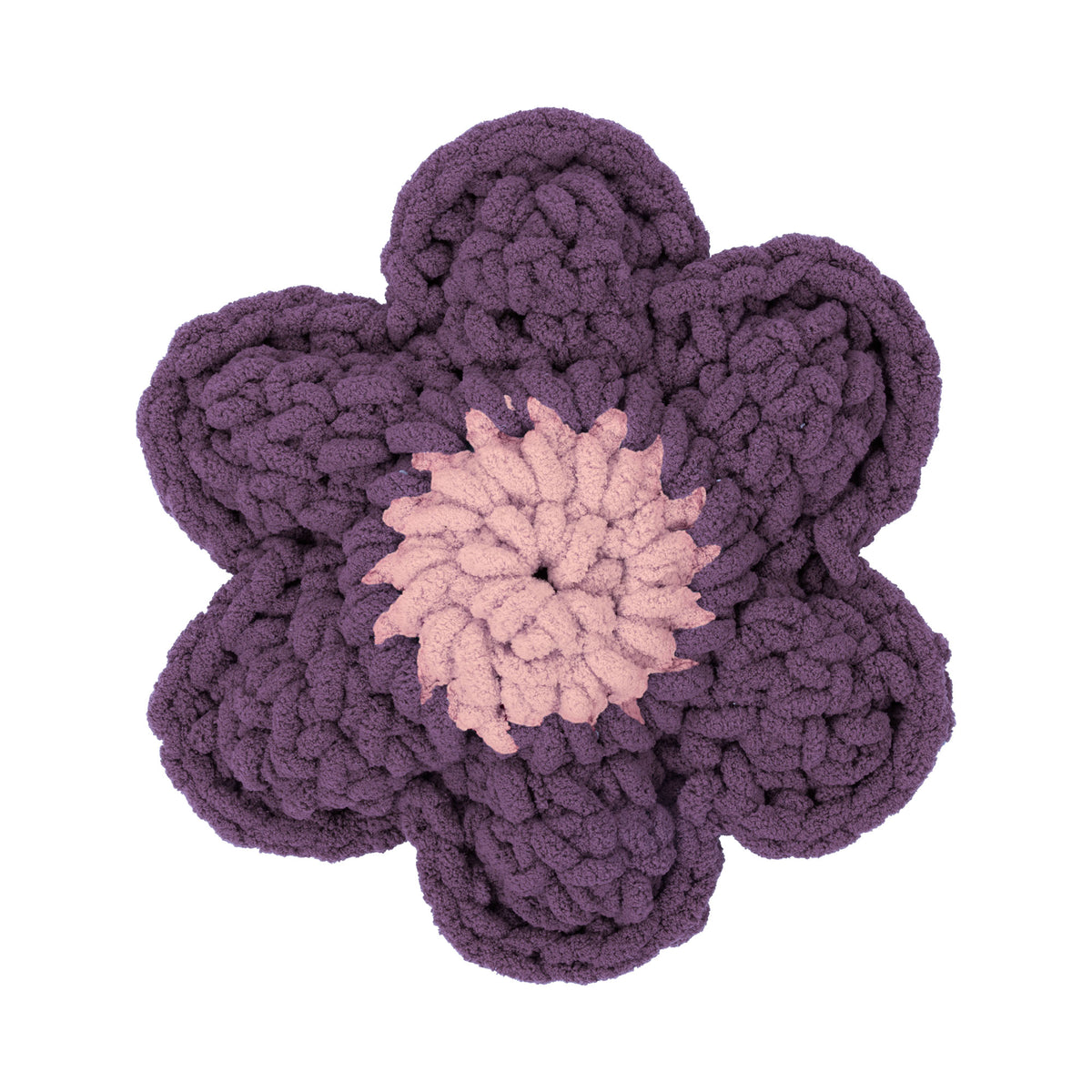 Daisy Days Crochet Pillow made using Bernat yarn on a white background