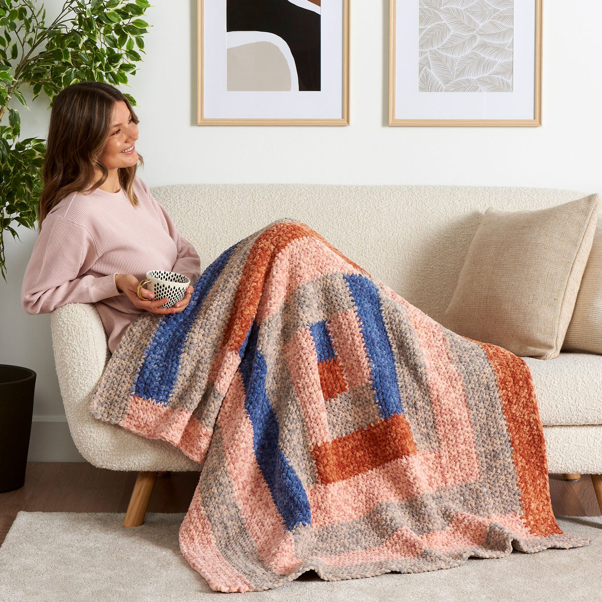 Crochet Log Cabin Quilt Blanket made using Bernat yarn