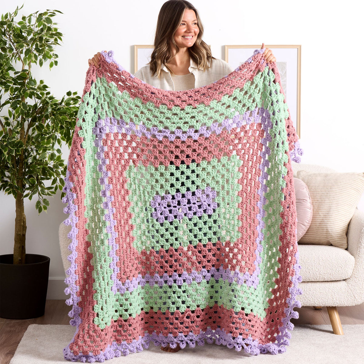 Bobble Edge Crochet Granny Blanket made using Bernat yarn