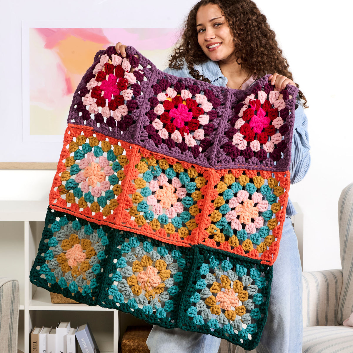 Crochet Granny Square Bright Baby Blanket made using Bernat yarn