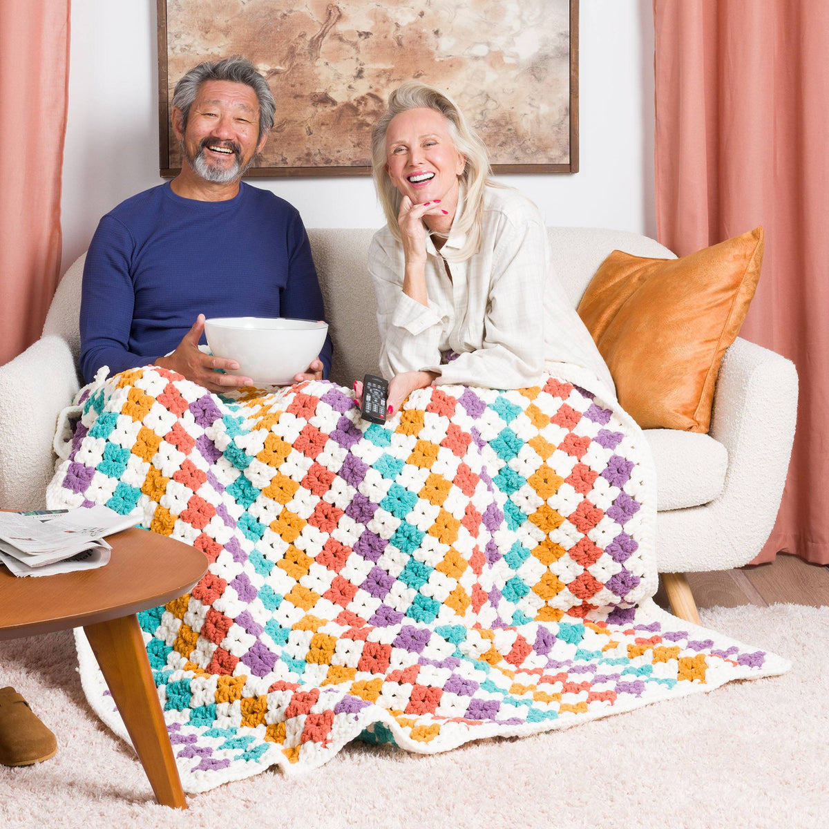 Diamond Delight Crochet Granny Blanket made using Bernat yarn