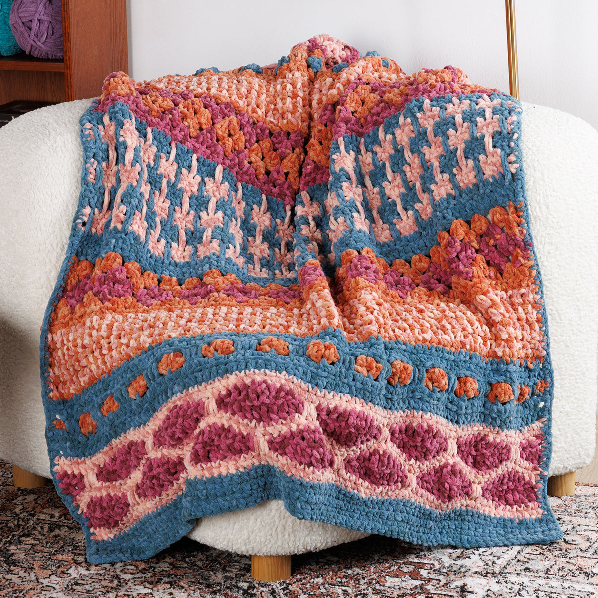 Sampler Stitched Crochet Blanket made using Bernat yarn