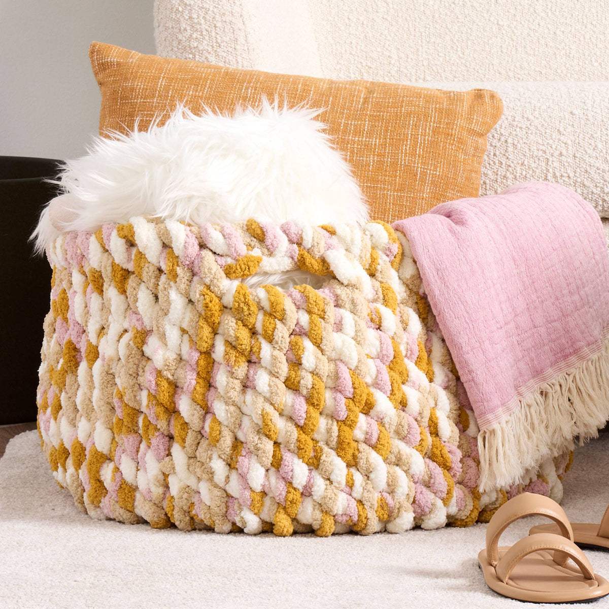 Crochet Bedroom Basket made using Bernat yarn