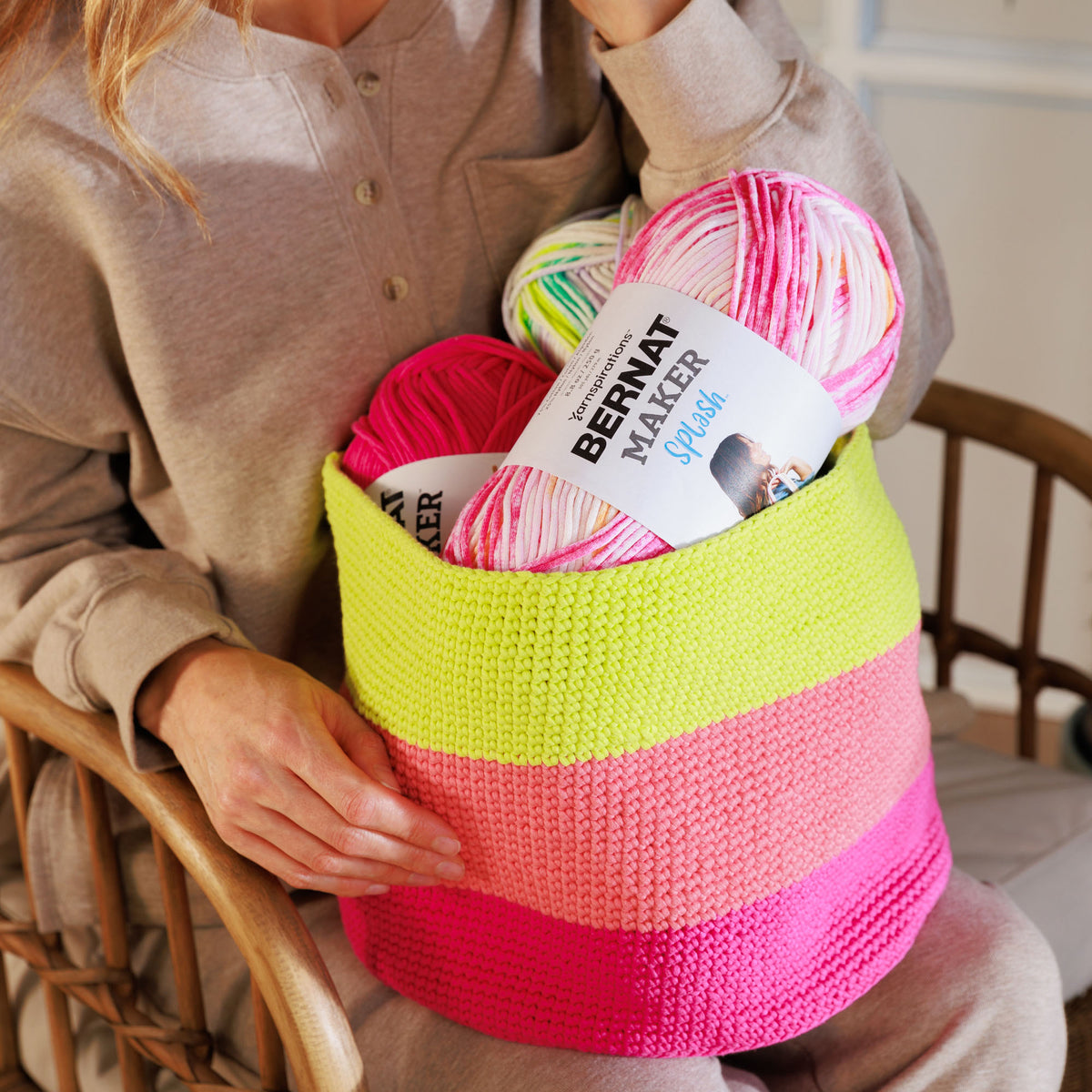 Crochet Chroma Basket made using Bernat yarn