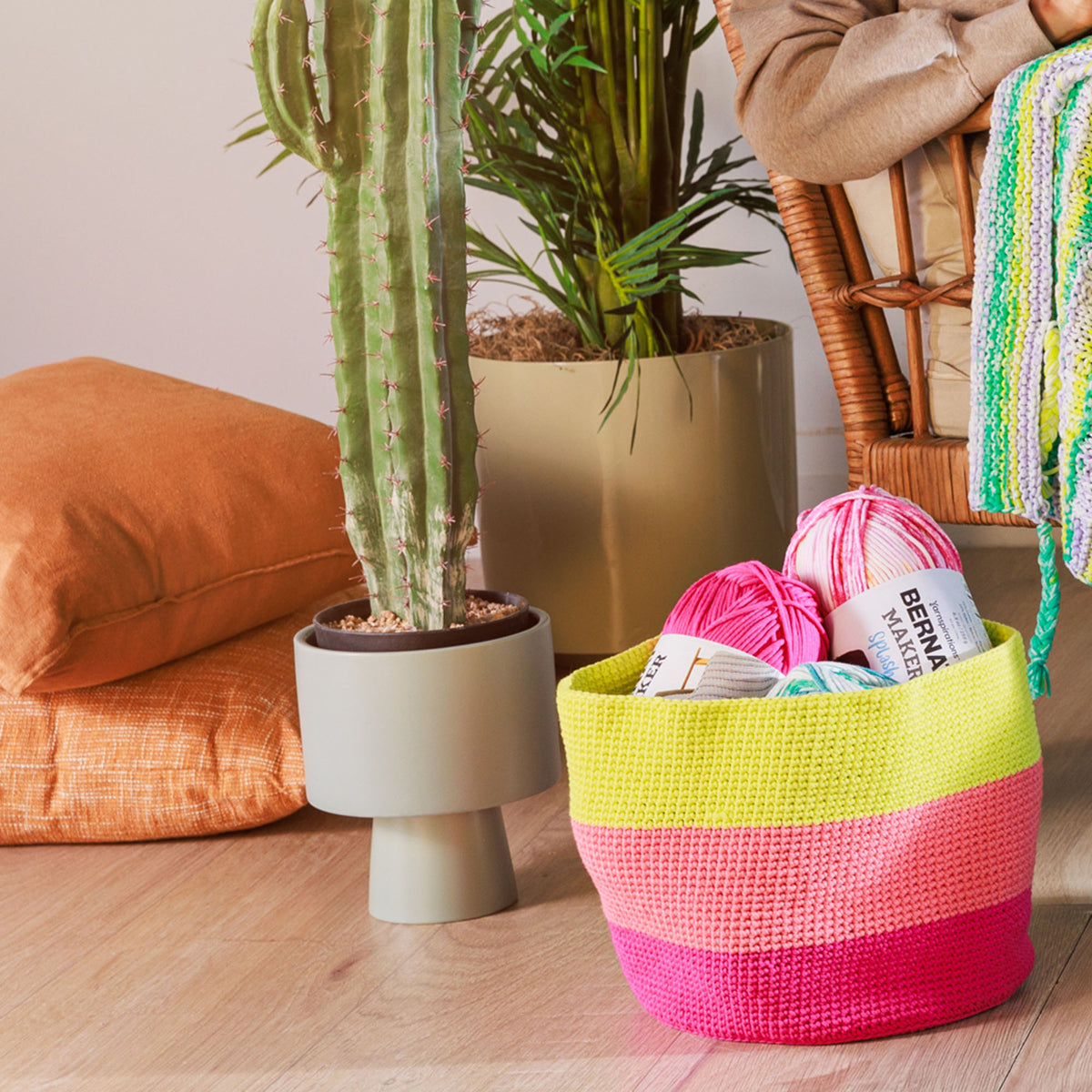 Crochet Chroma Basket made using Bernat yarn