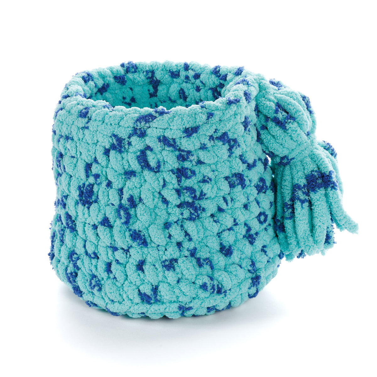 Stitch And Store Crochet Basket made using Bernat yarn on a white background