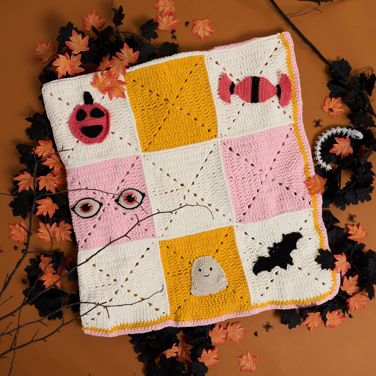 Soft & Spooky Crochet Blanket made using Bernat yarn