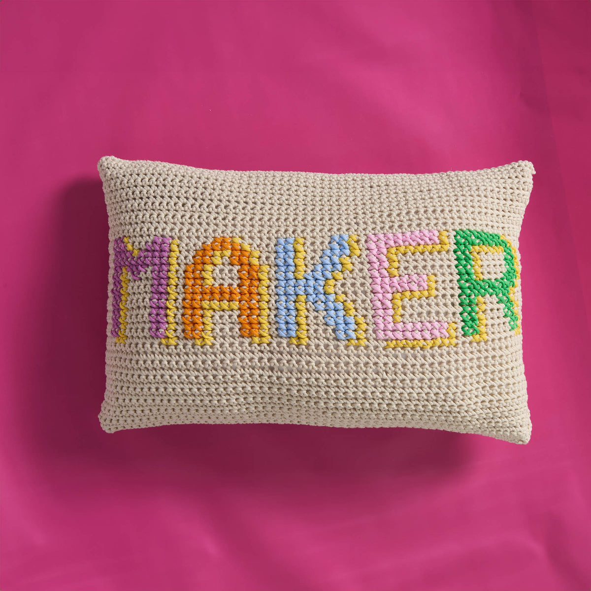 Crochet Made For Makers Pillow made using Bernat yarn