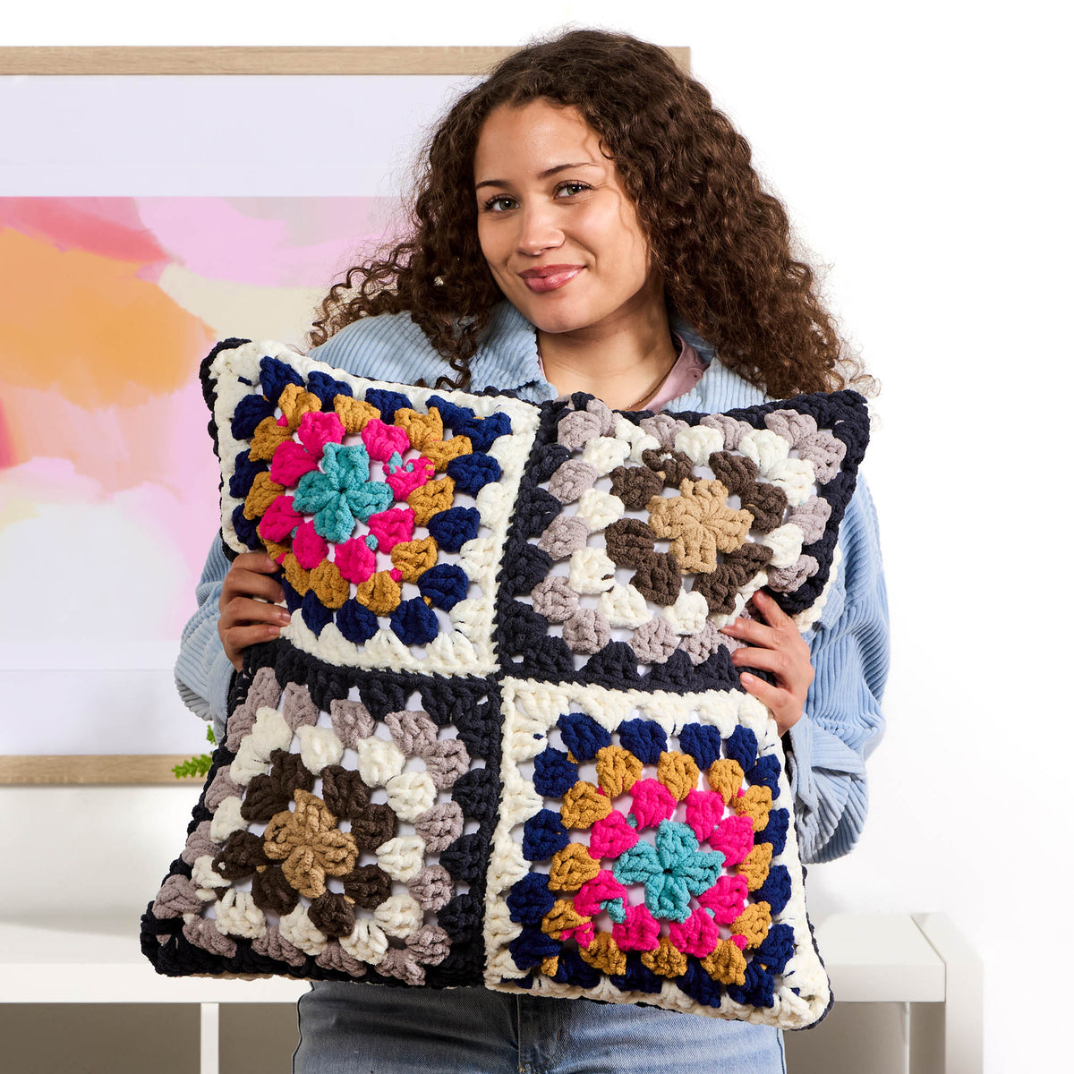 Crochet Check-Out Granny Pillow made using Bernat yarn