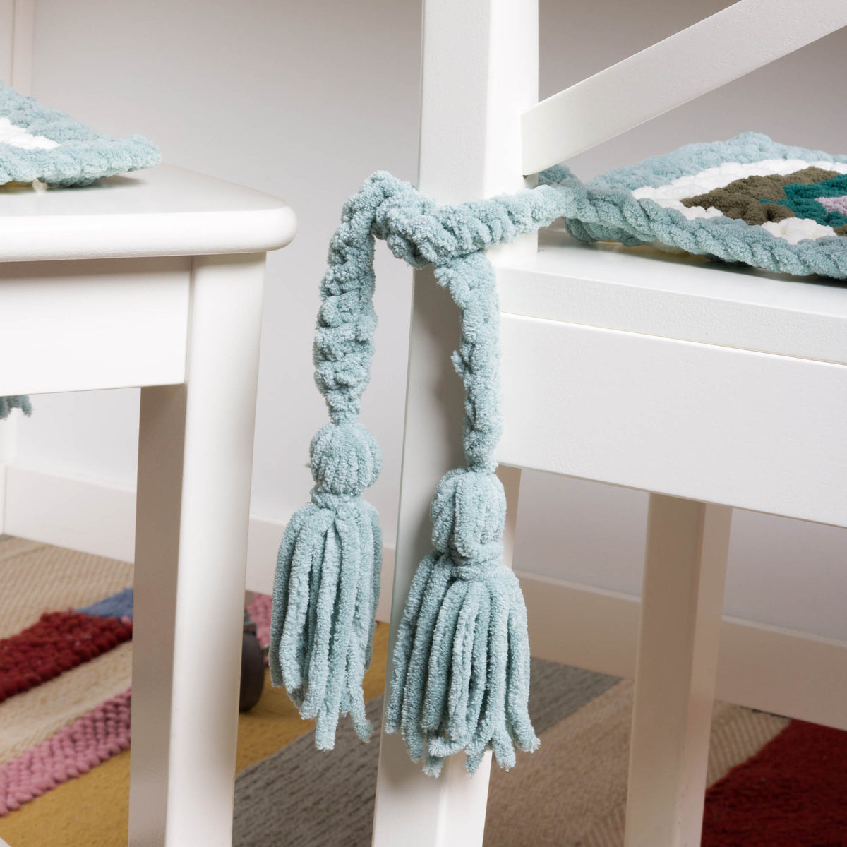 Crochet Charmed Square Chair Pads made using Bernat yarn