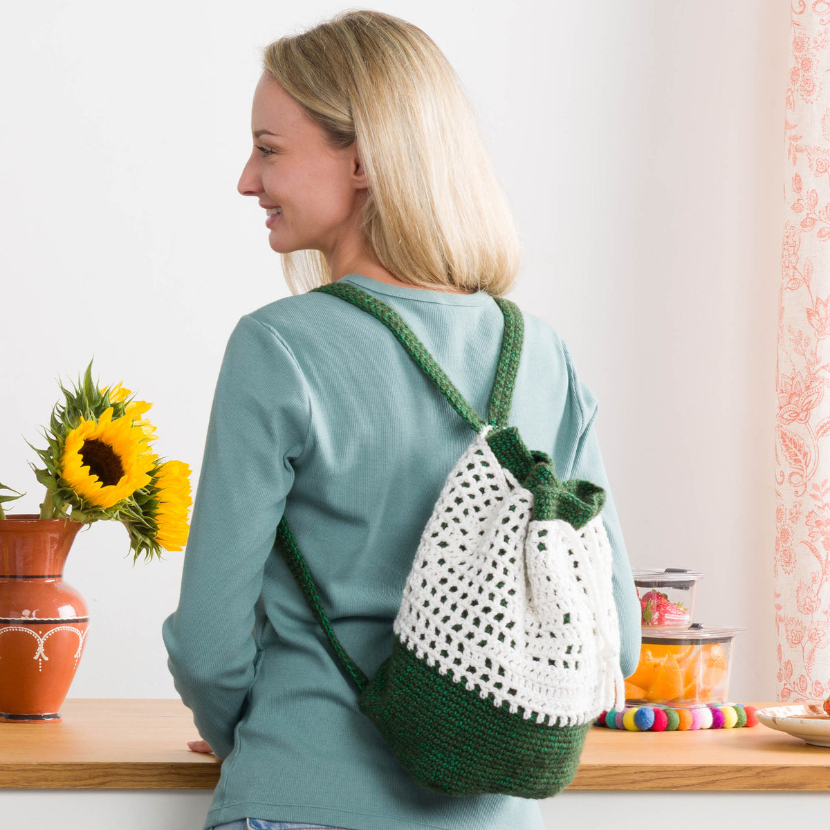 Crochet Filet Fern Backpack made using Bernat yarn