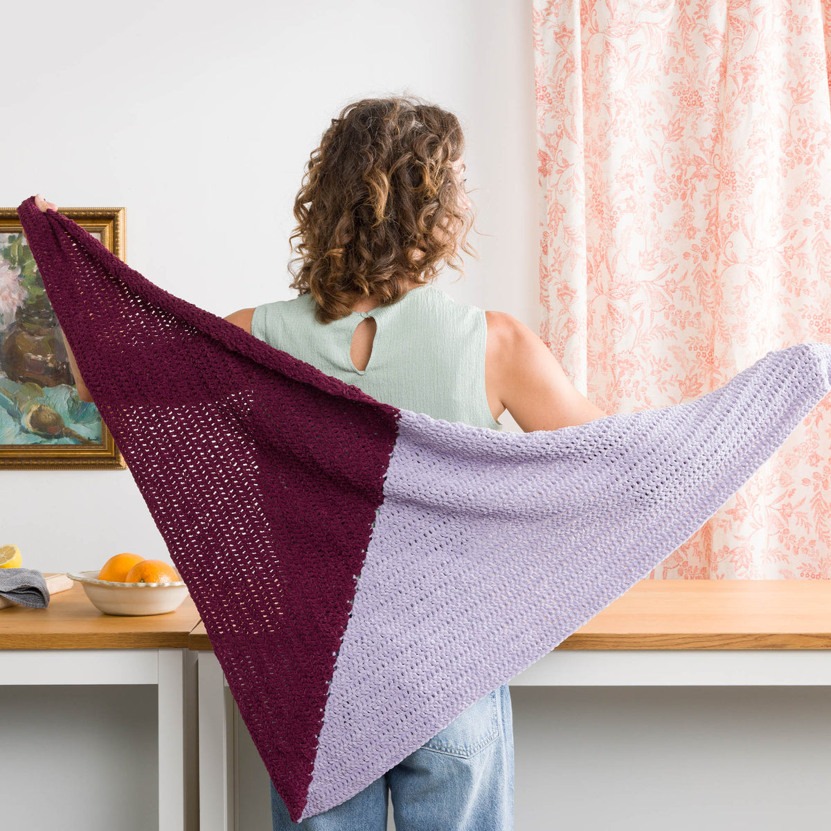 Crochet Contrast Corner Shawl made using Bernat yarn