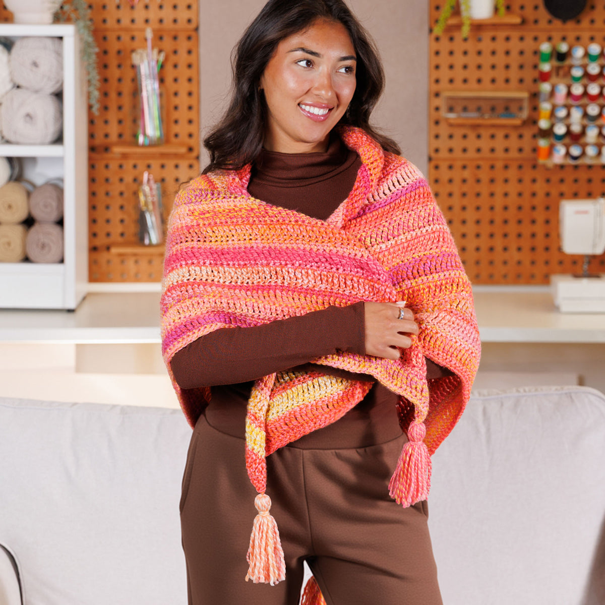 Crochet Sunrise Shawl made using Bernat yarn