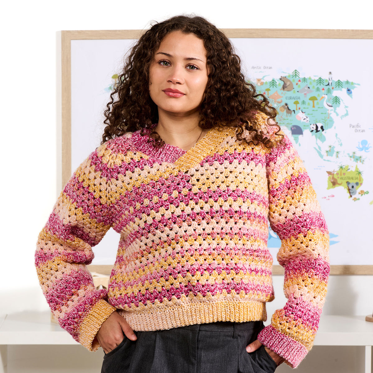 Granny V-Neck Crochet Sweater made using Bernat yarn