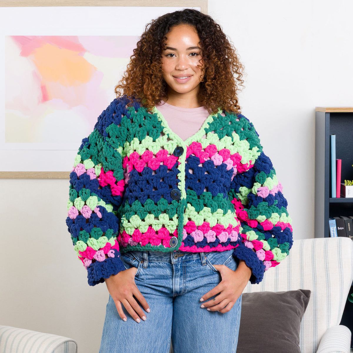 Crochet Granny Comfy Cardigan made using Bernat yarn