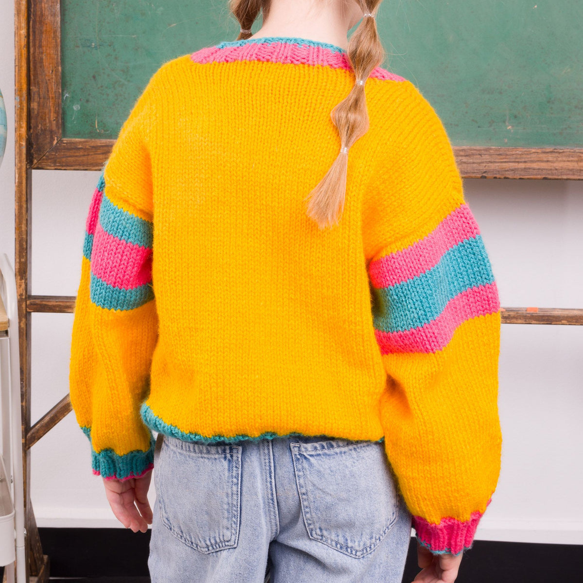 Bright Student Kids Knit Cardigan made using Bernat yarn