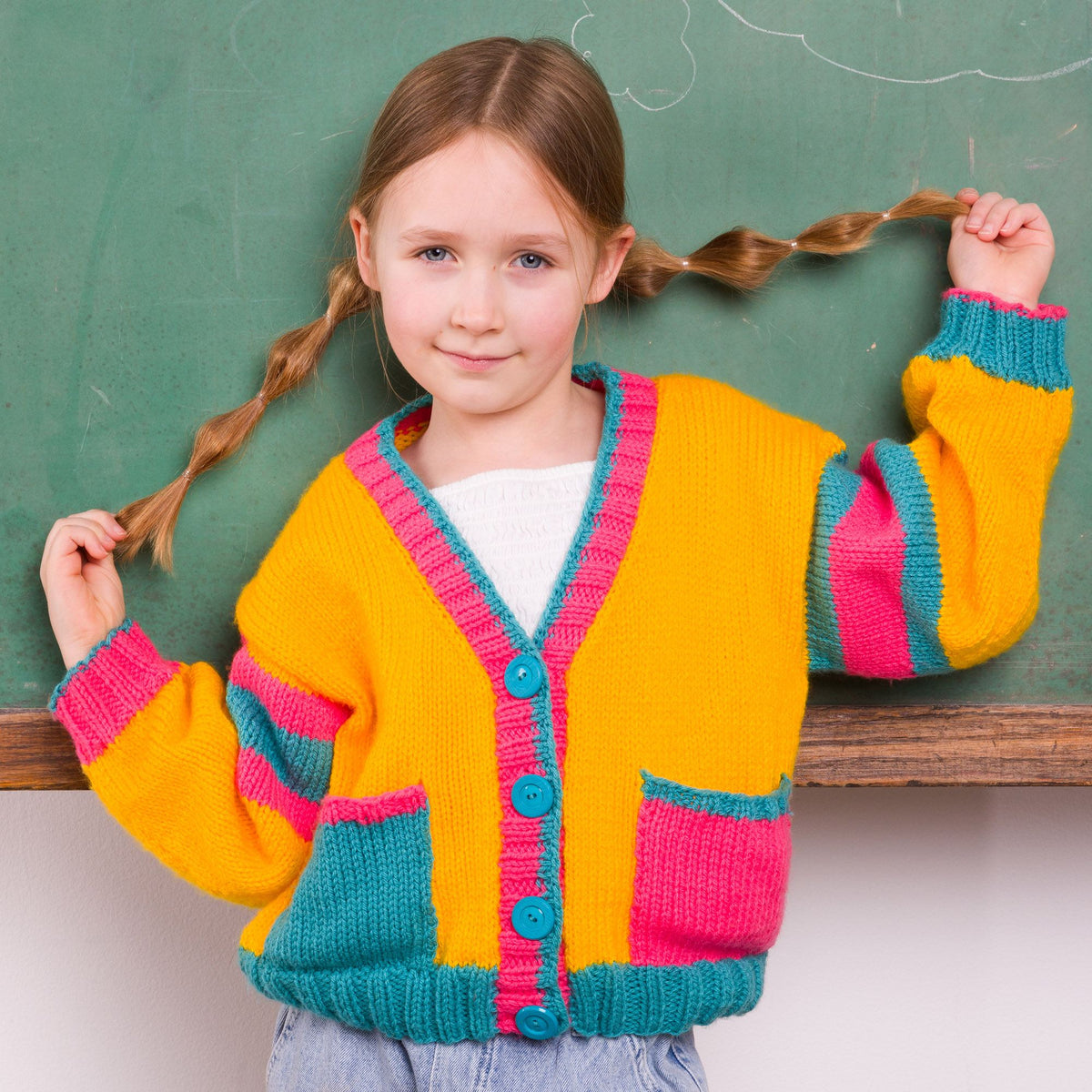 Bright Student Kids Knit Cardigan made using Bernat yarn