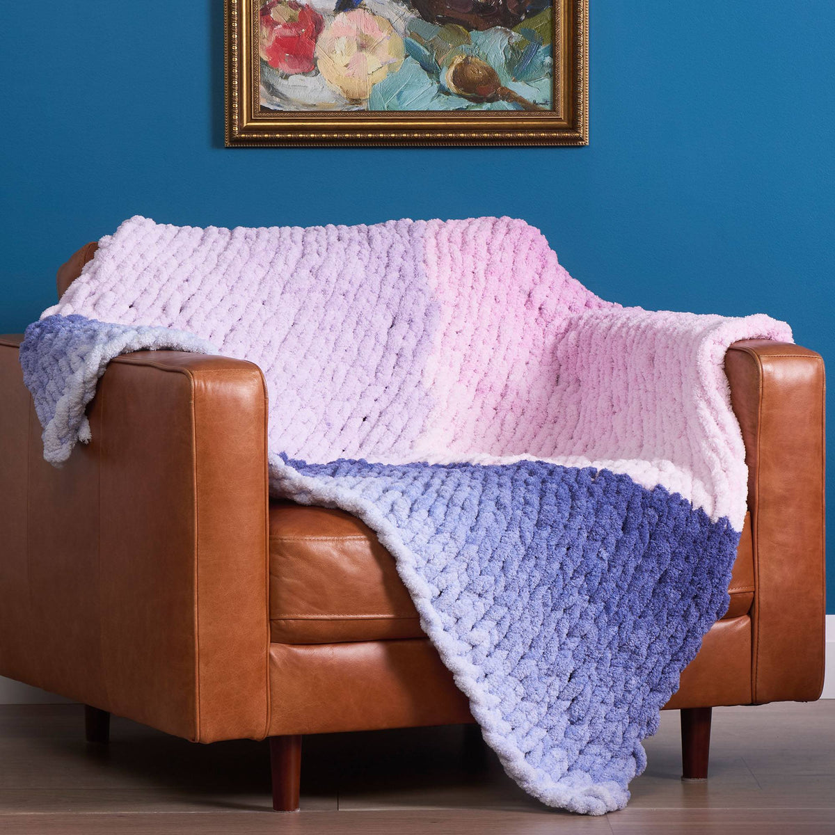 Phasing Spaces Knit Blanket made using Bernat yarn
