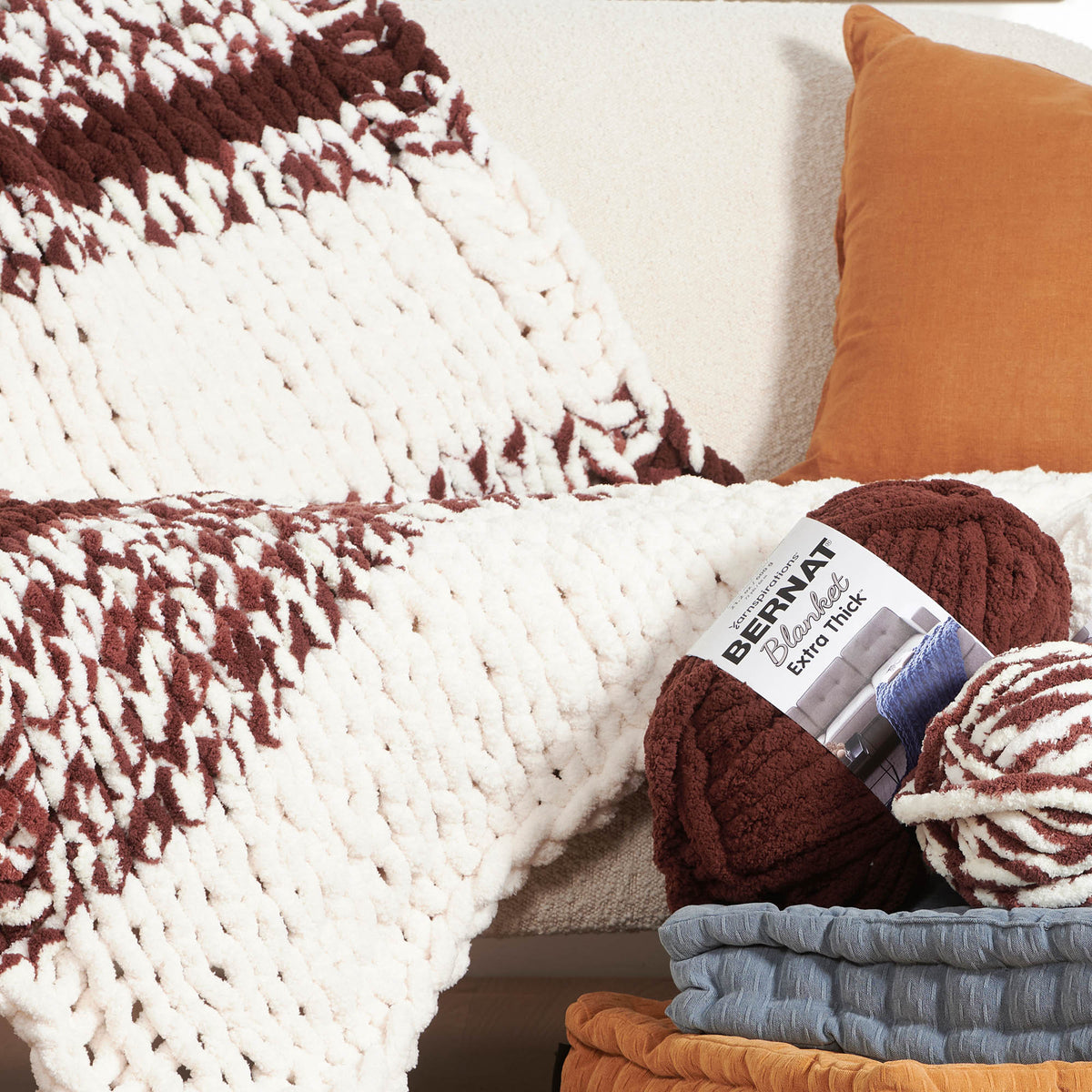Simple Striping Table Knit Blanket made using Bernat yarn