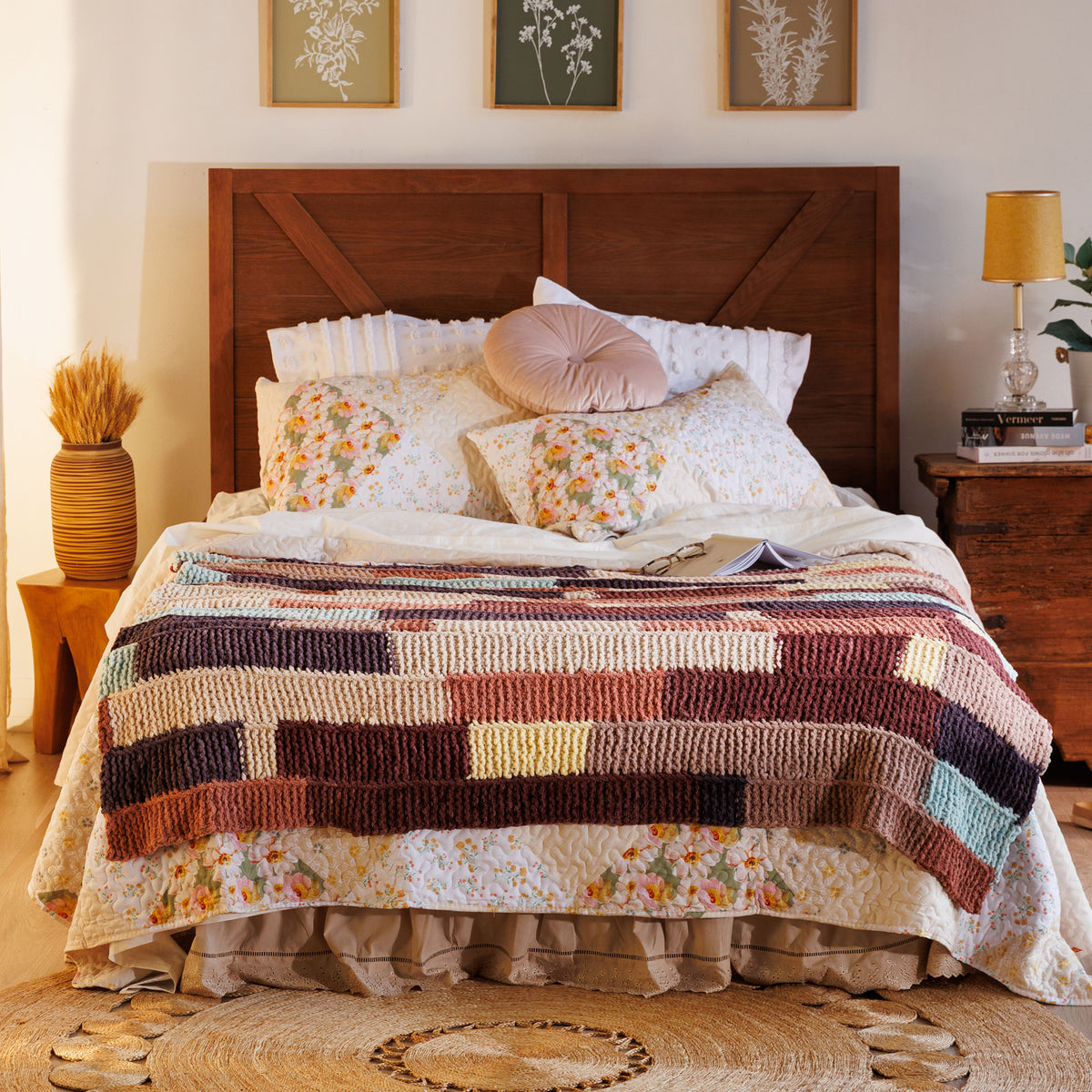 Patchwork Strips Knit Quilt made using Bernat yarn