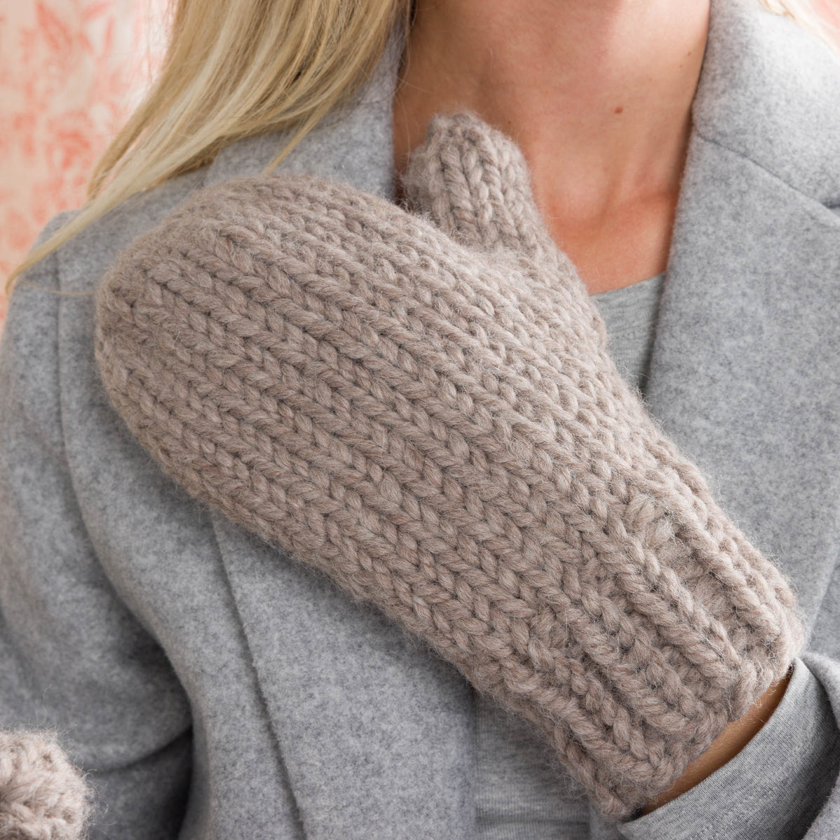 In A Snap Knit Mittens made using Bernat yarn