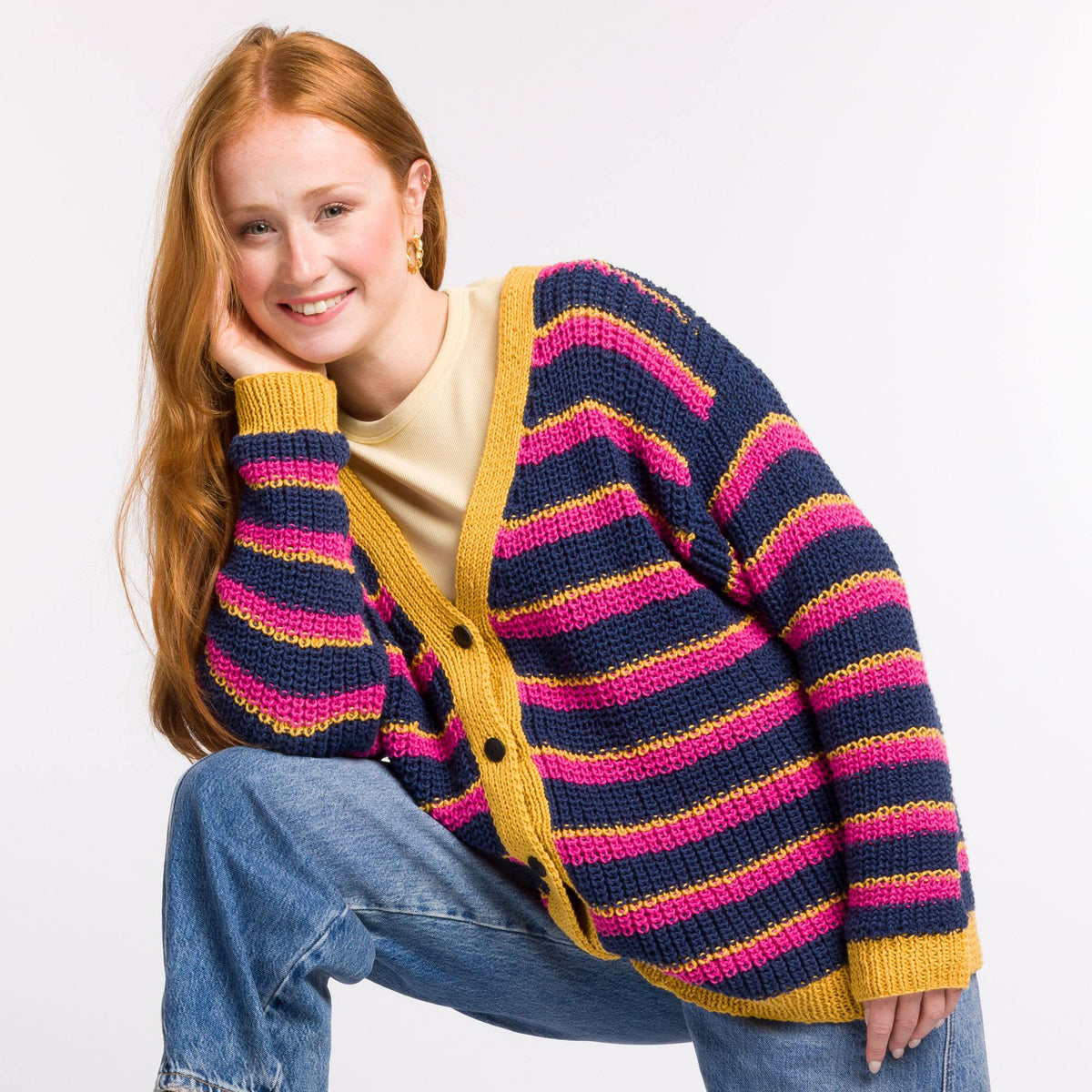 Knit Stripy V-Neck Cardigan made using Bernat yarn