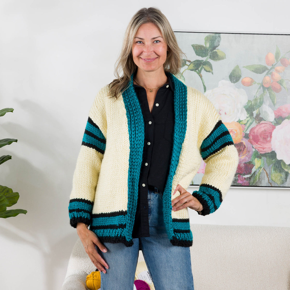Knit Library Cardigan made using Bernat yarn