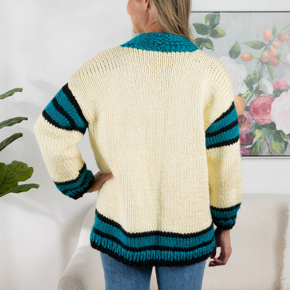 Knit Library Cardigan made using Bernat yarn