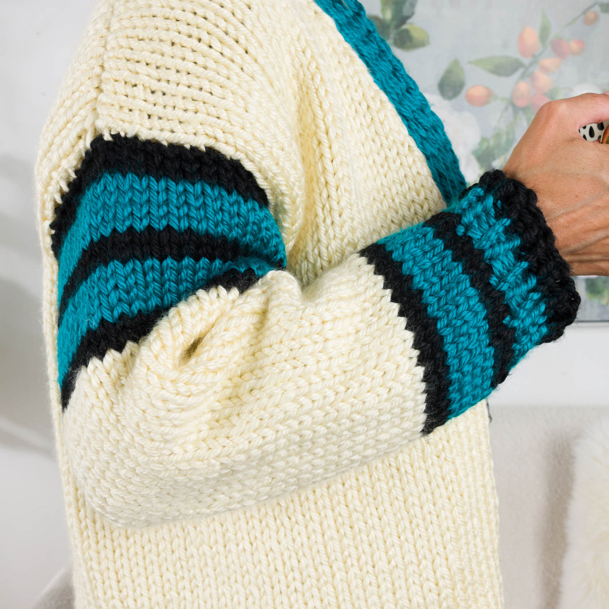 Knit Library Cardigan made using Bernat yarn