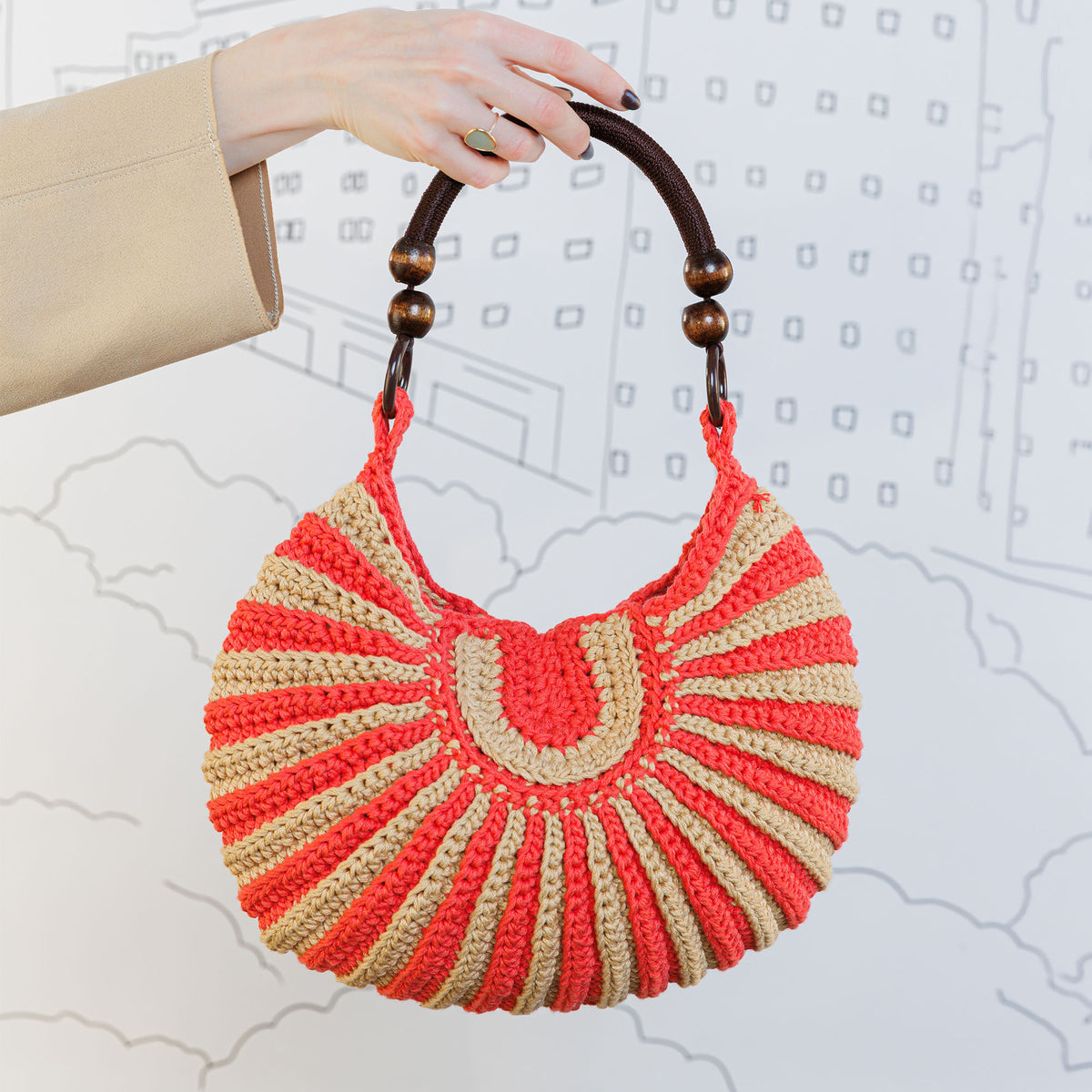 Swoop De Doop Crochet Bag made using Caron yarn in a styled lifestyle setting
