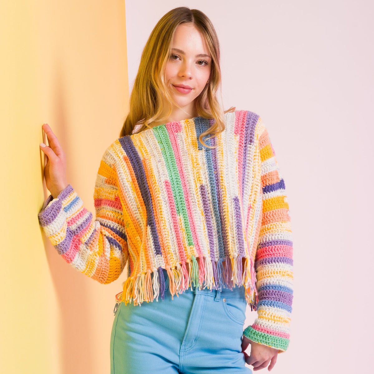 For The Fringe Festival Crochet Sweater made using Caron yarn