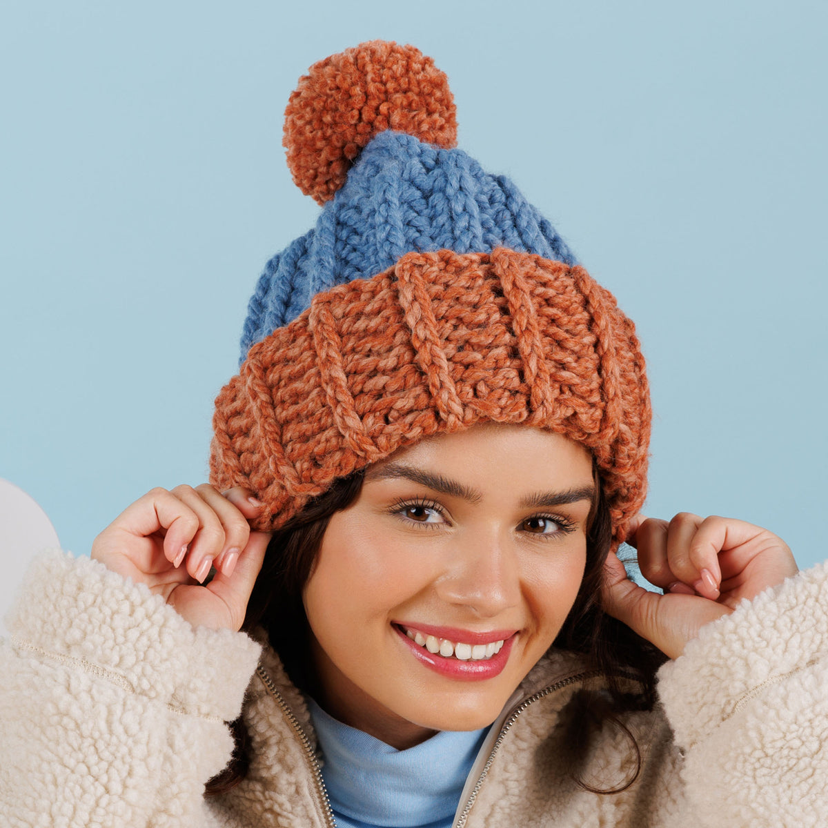 Crochet Cozy Contrast Hat made using Caron yarn