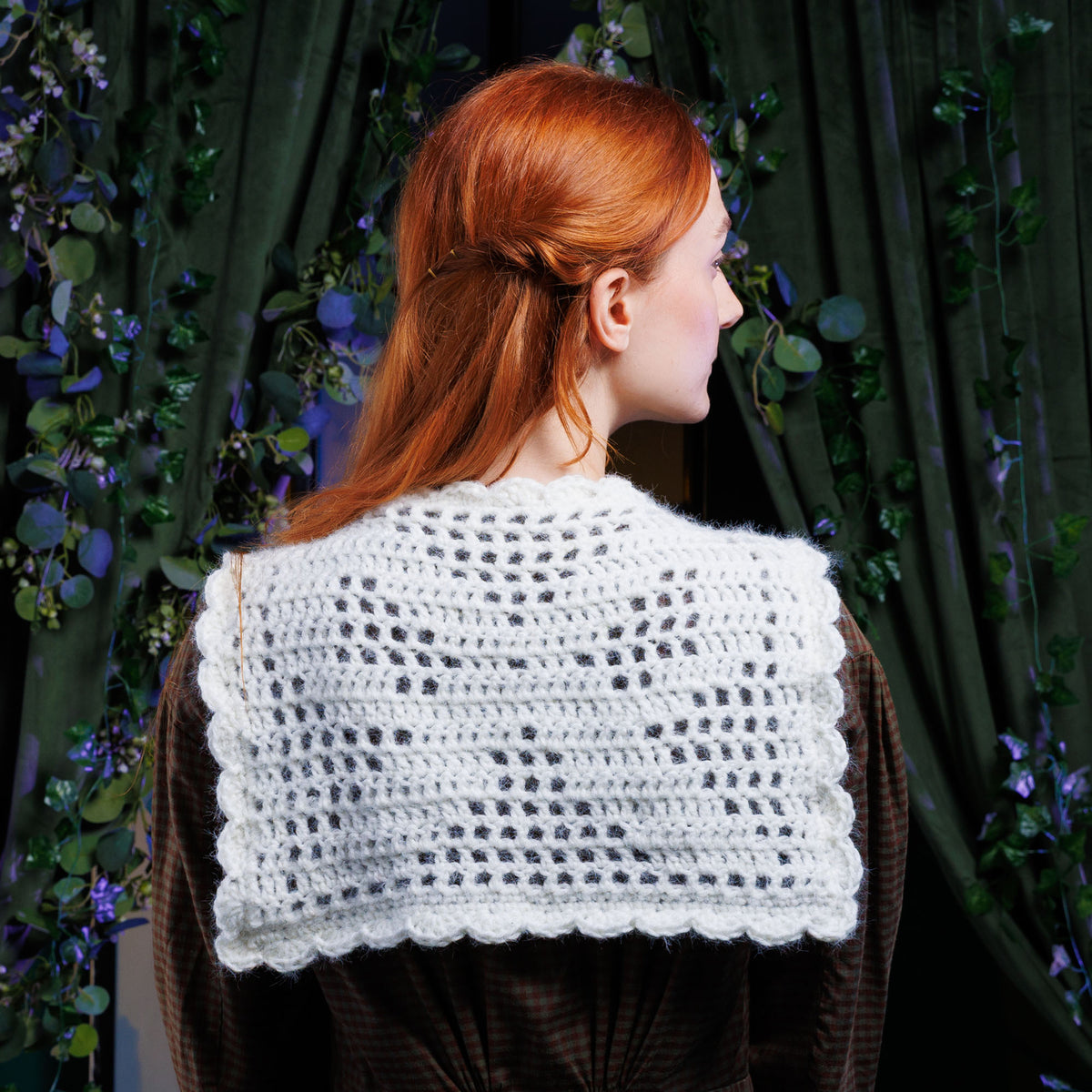Crochet Sailor Collar made using Caron yarn in a styled lifestyle setting