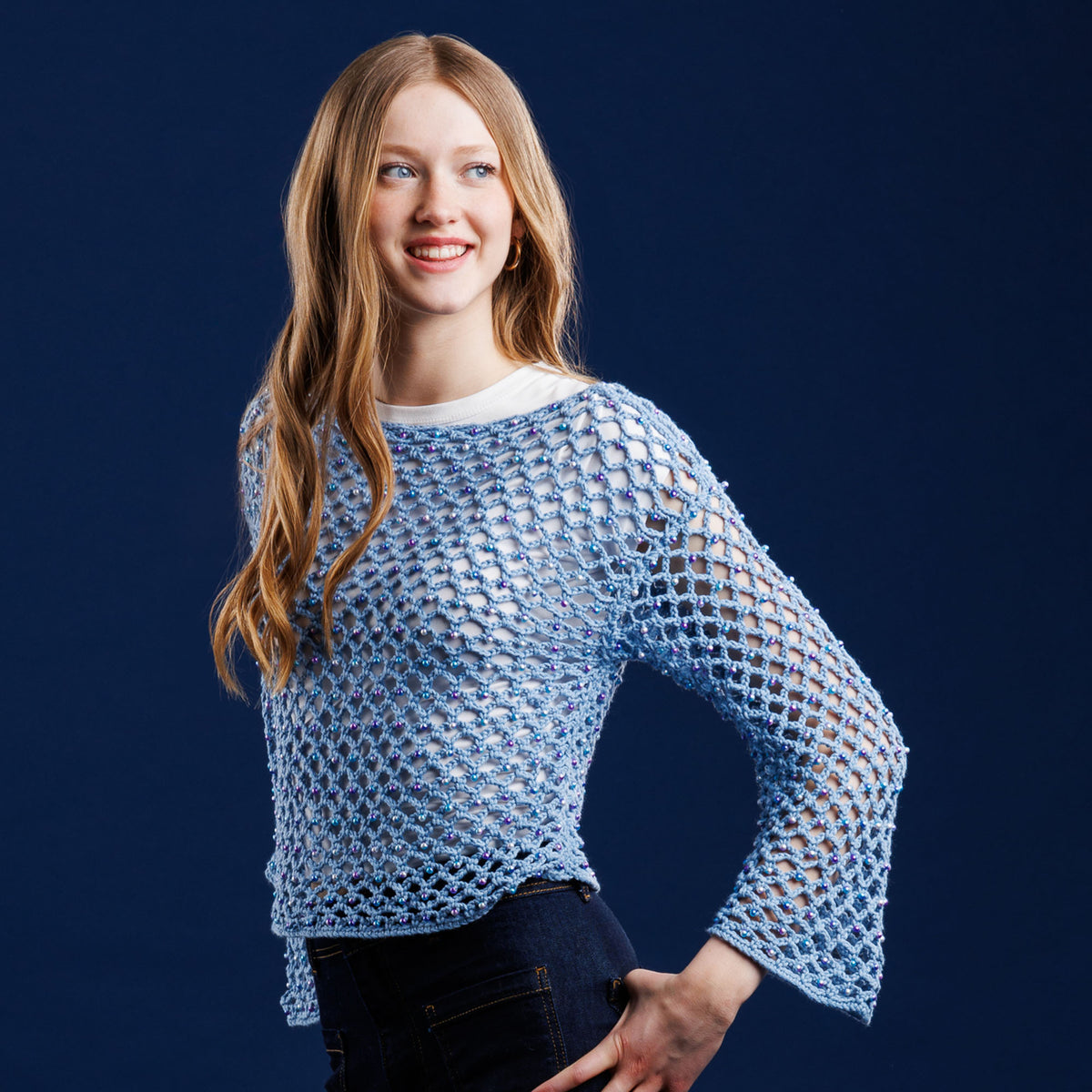 Glimmerwave Beaded Top made using Caron yarn
