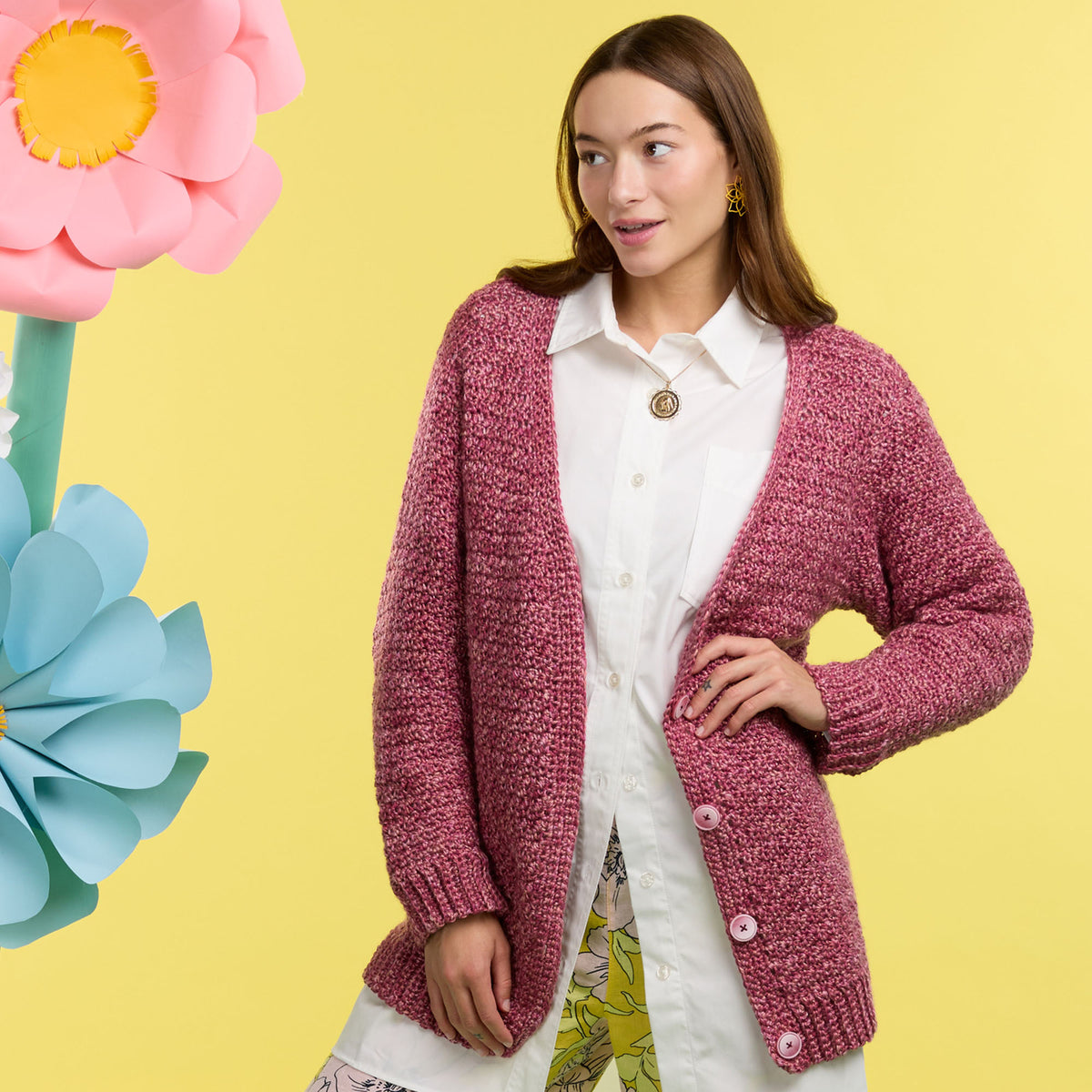 Simply Perfect Crochet Cardigan made using Caron yarn in a styled lifestyle setting