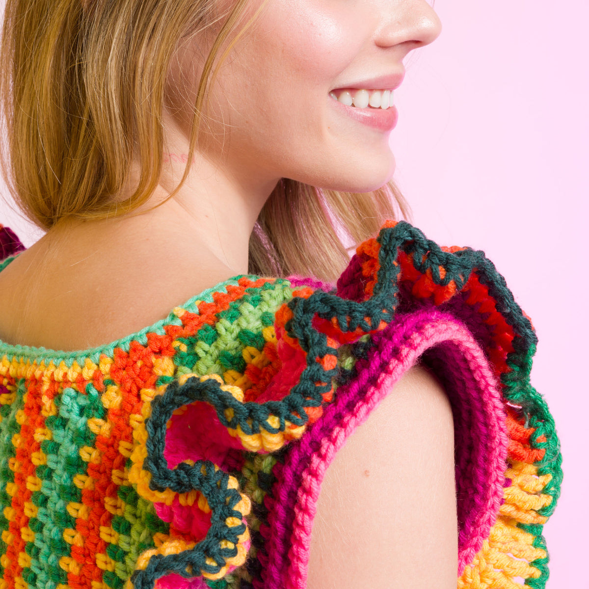 Ruffle Sleeve Striping Crochet Top made using Caron yarn in a styled lifestyle setting