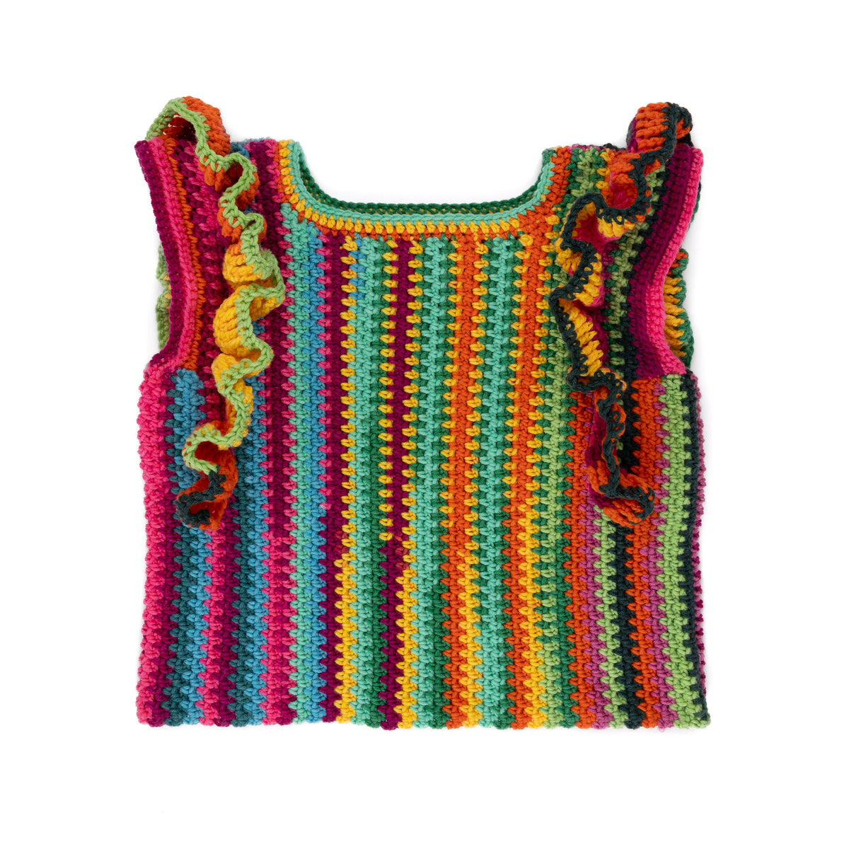 Ruffle Sleeve Striping Crochet Top made using Caron yarn on a white background