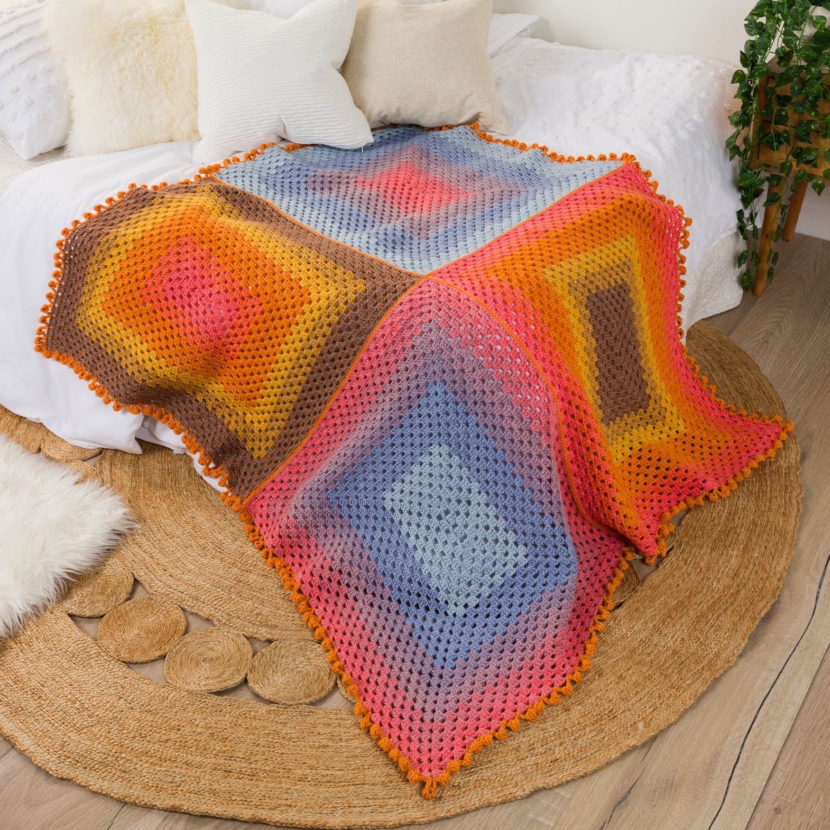 Crochet Quadrant Granny Blanket made using Caron yarn