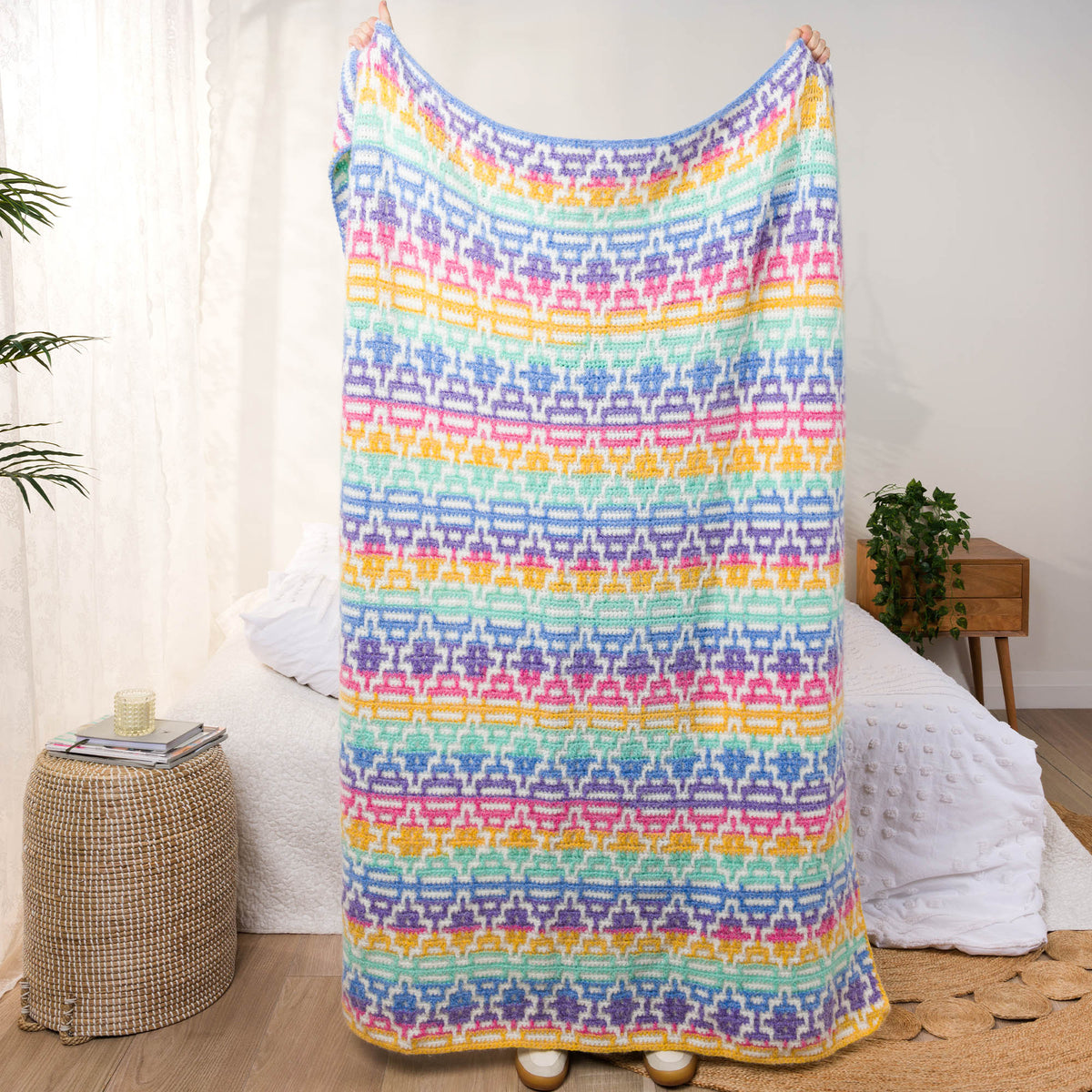 Mosaic Diamonds Crochet Blanket made using Caron yarn