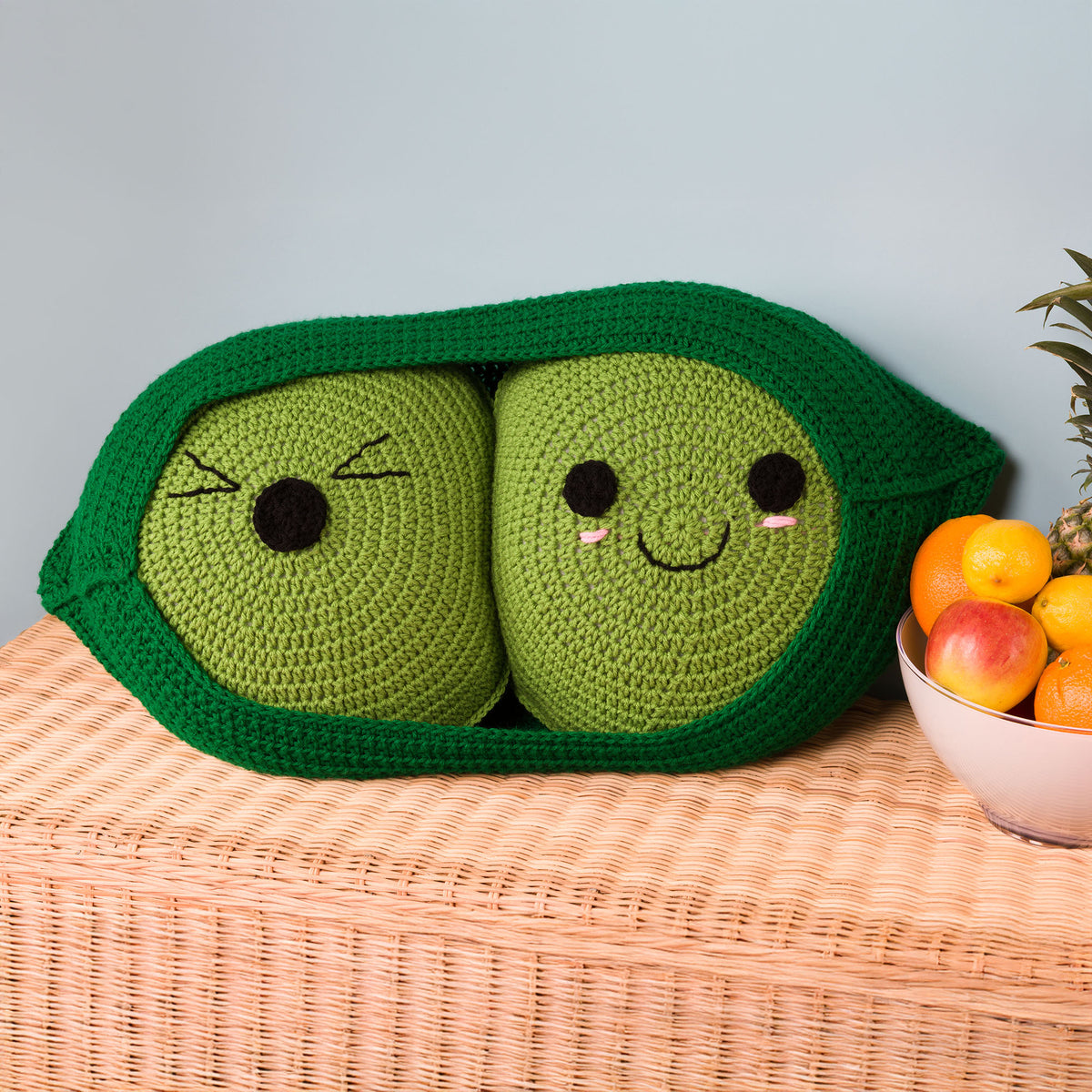 Pea Pod Crochet Pillow Pals made using Caron yarn