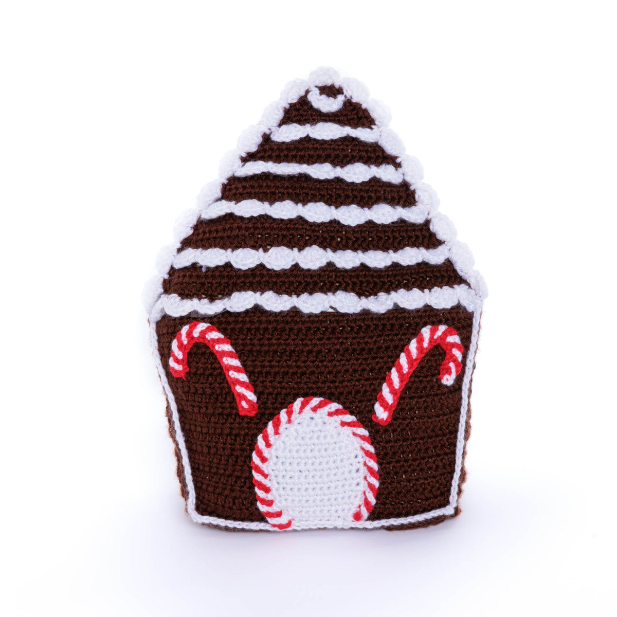 Crochet Gingerbread Pillow made using Caron yarn
