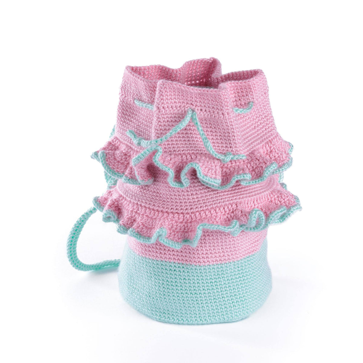 Crochet Frilly Bucket Bag made using Caron yarn