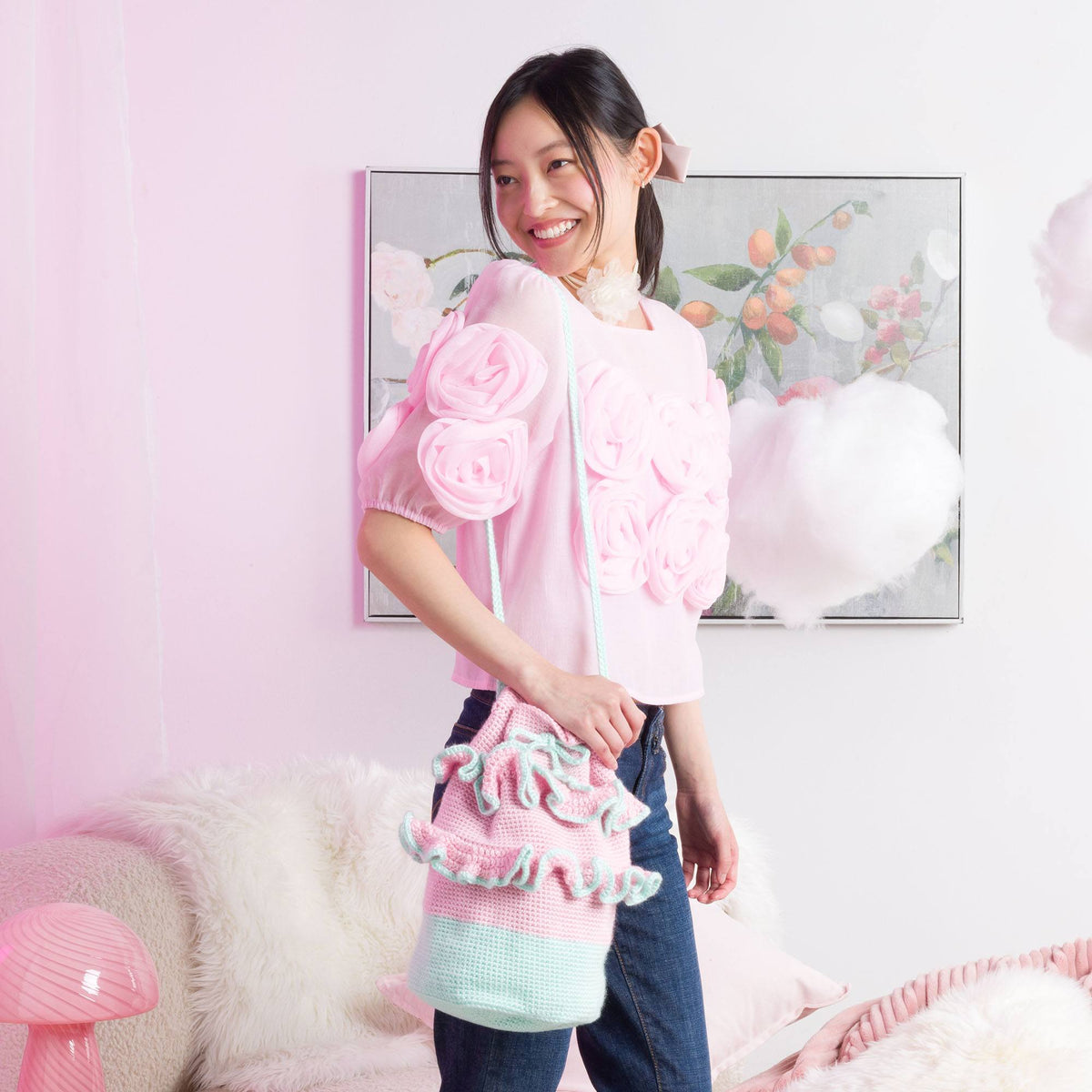 Crochet Frilly Bucket Bag made using Caron yarn