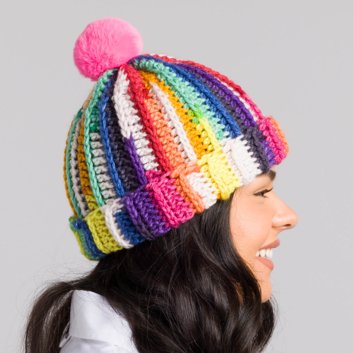 Crochet Prismatic Hat made using Caron yarn